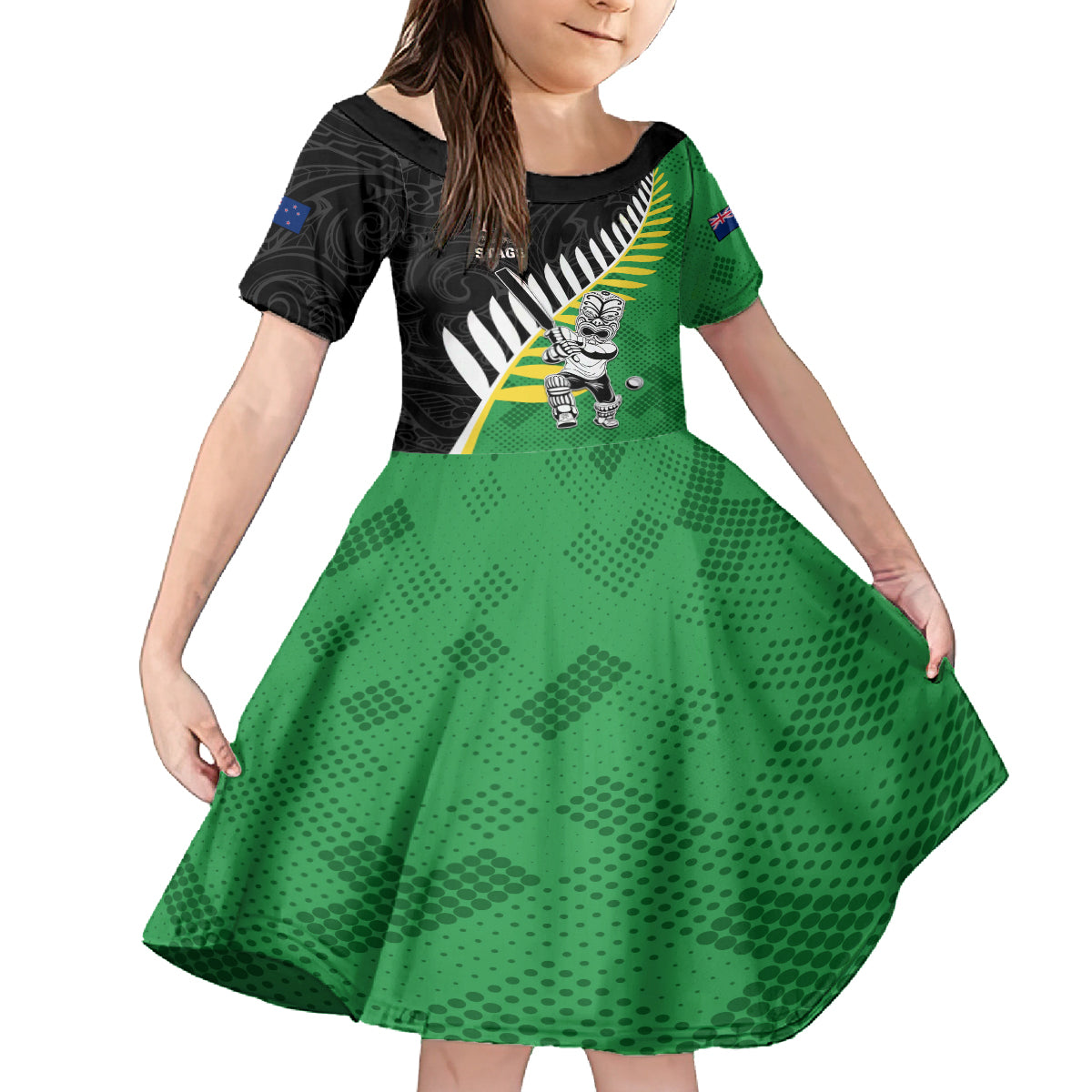 Custom New Zealand Central Districts Cricket Family Matching Off Shoulder Maxi Dress and Hawaiian Shirt With Maori Pattern LT05 Daughter's Dress Green - Polynesian Pride