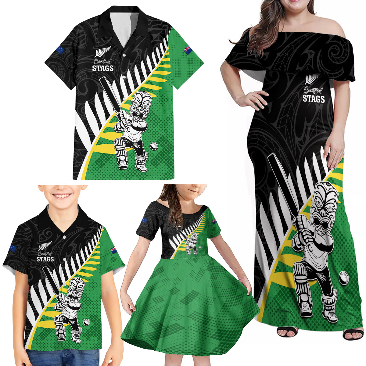 Custom New Zealand Central Districts Cricket Family Matching Off Shoulder Maxi Dress and Hawaiian Shirt With Maori Pattern