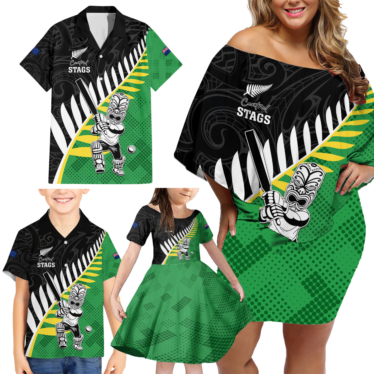 Custom New Zealand Central Districts Cricket Family Matching Off Shoulder Short Dress and Hawaiian Shirt With Maori Pattern LT05 - Polynesian Pride