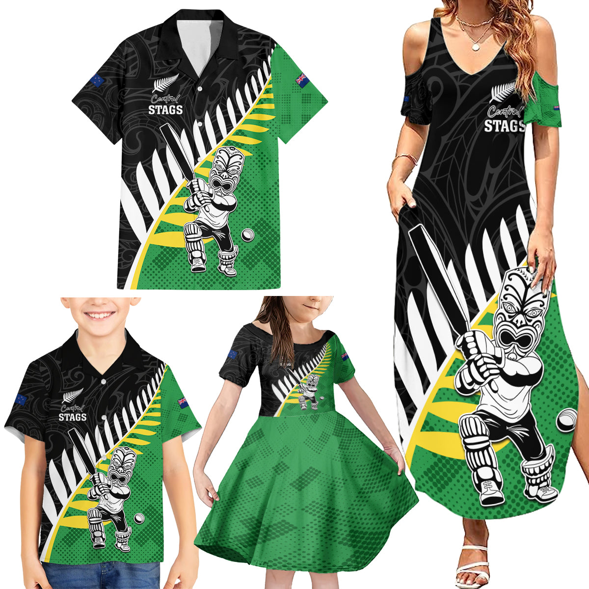 Custom New Zealand Central Districts Cricket Family Matching Summer Maxi Dress and Hawaiian Shirt With Maori Pattern