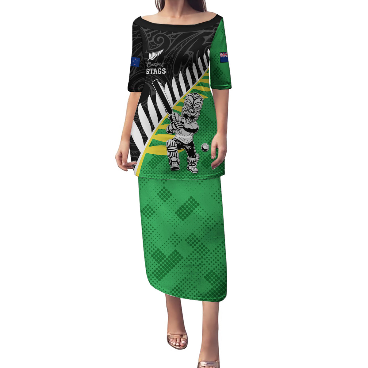 Custom New Zealand Central Districts Cricket Puletasi With Maori Pattern LT05 Long Dress Green - Polynesian Pride