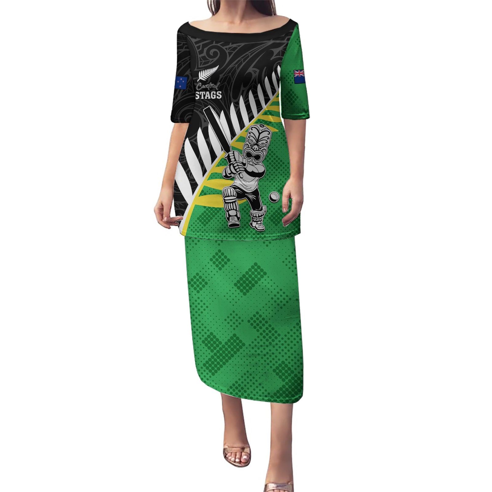 Custom New Zealand Central Districts Cricket Puletasi With Maori Pattern LT05 Long Dress Green - Polynesian Pride