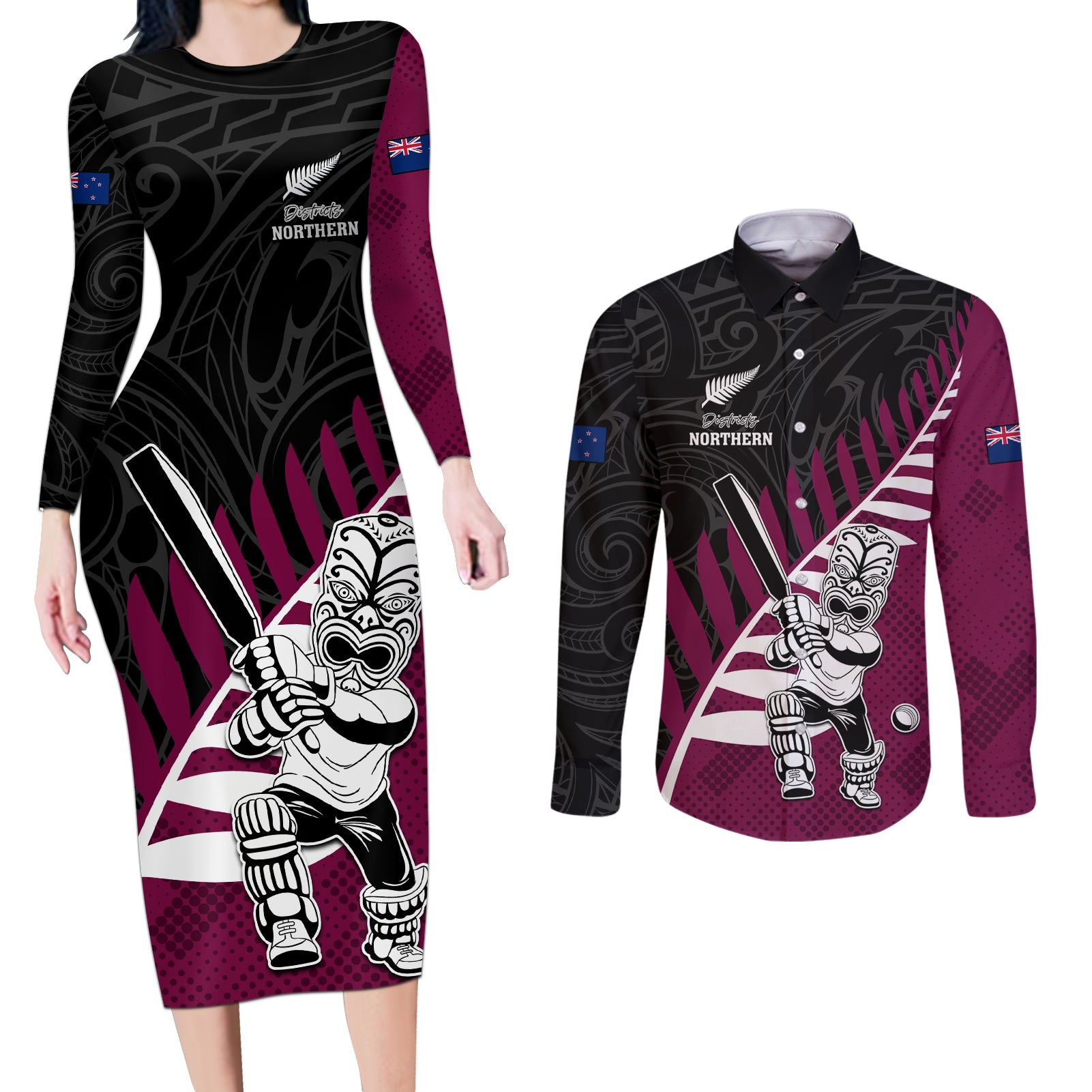 Custom New Zealand Northern Districts Cricket Couples Matching Long Sleeve Bodycon Dress and Long Sleeve Button Shirt With Maori Pattern