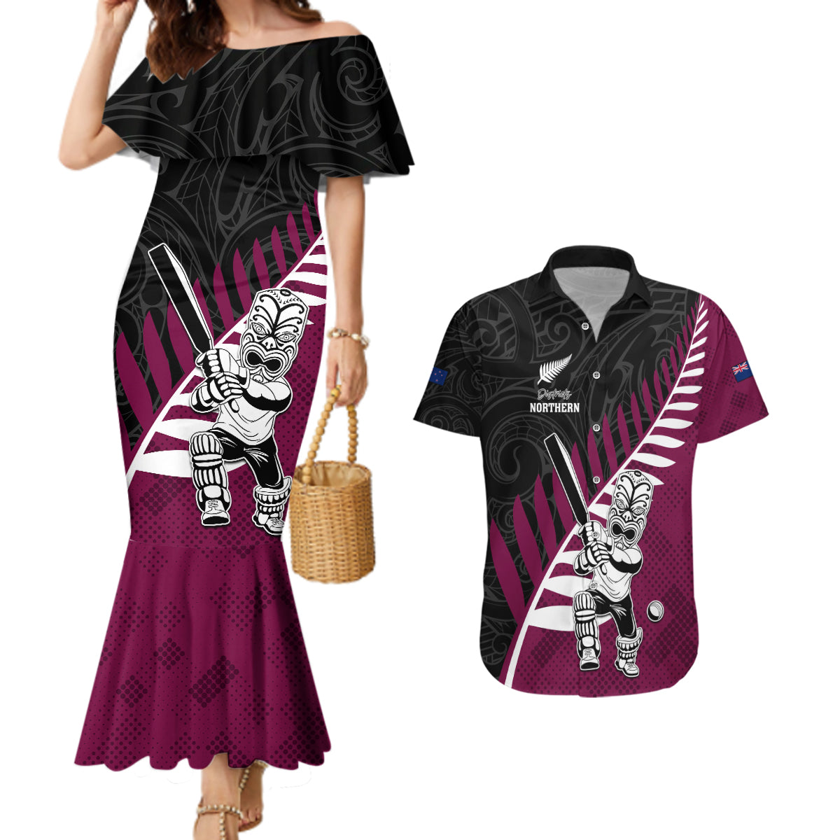 Custom New Zealand Northern Districts Cricket Couples Matching Mermaid Dress and Hawaiian Shirt With Maori Pattern