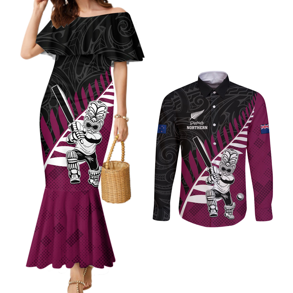 Custom New Zealand Northern Districts Cricket Couples Matching Mermaid Dress and Long Sleeve Button Shirt With Maori Pattern