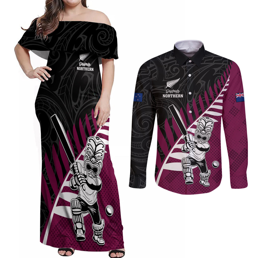 Custom New Zealand Northern Districts Cricket Couples Matching Off Shoulder Maxi Dress and Long Sleeve Button Shirt With Maori Pattern