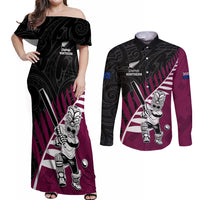 Custom New Zealand Northern Districts Cricket Couples Matching Off Shoulder Maxi Dress and Long Sleeve Button Shirt With Maori Pattern LT05 Maroon - Polynesian Pride