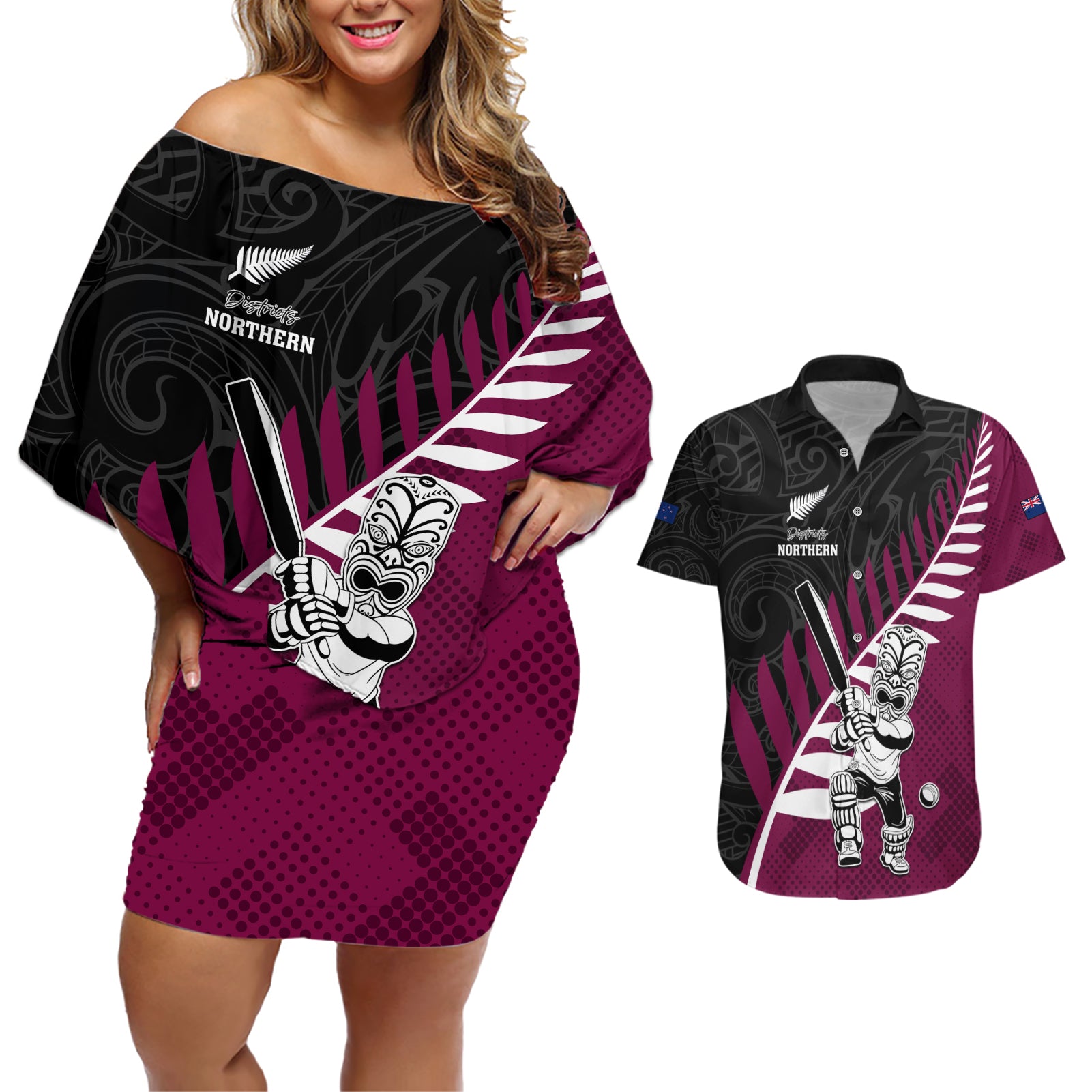 Custom New Zealand Northern Districts Cricket Couples Matching Off Shoulder Short Dress and Hawaiian Shirt With Maori Pattern