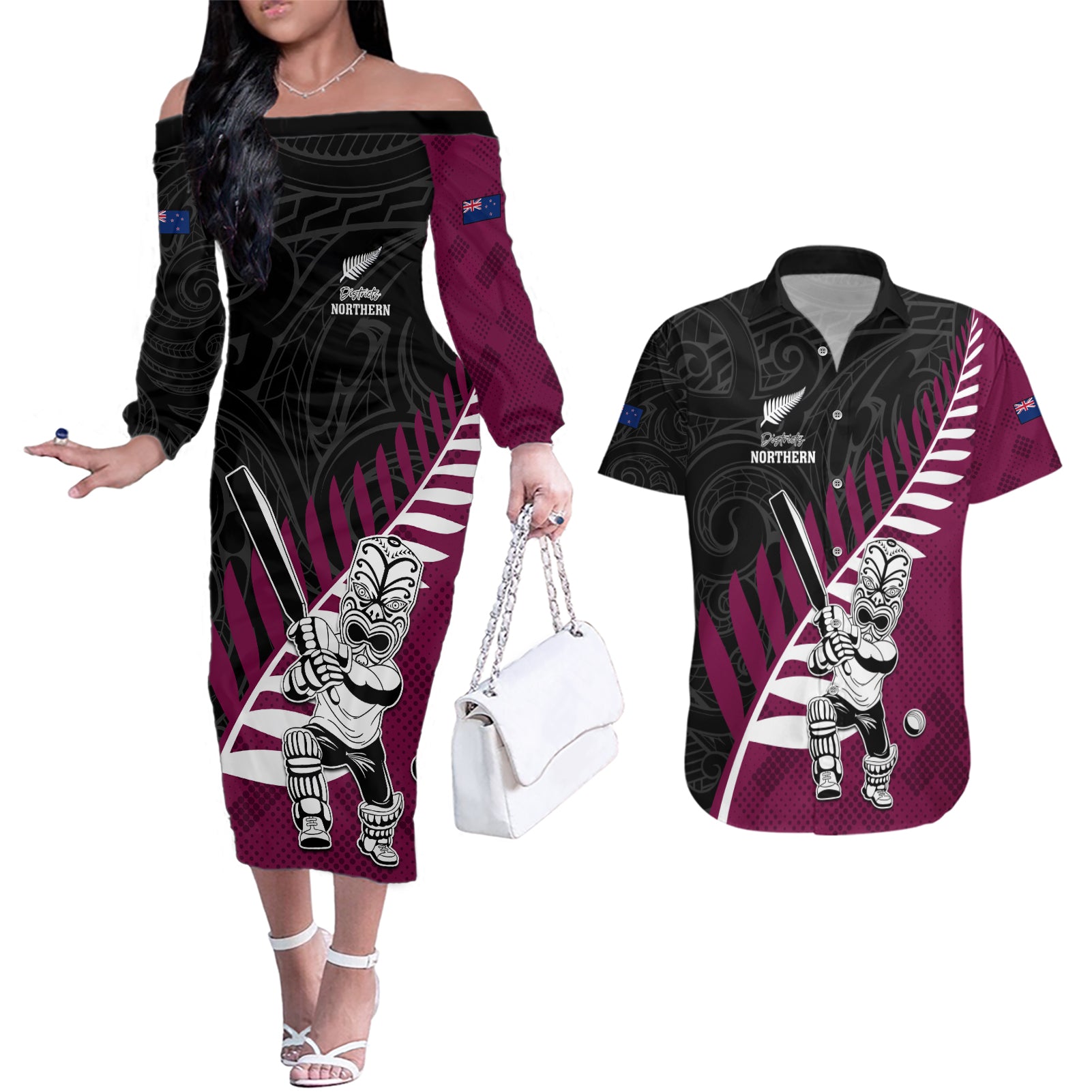 Custom New Zealand Northern Districts Cricket Couples Matching Off The Shoulder Long Sleeve Dress and Hawaiian Shirt With Maori Pattern