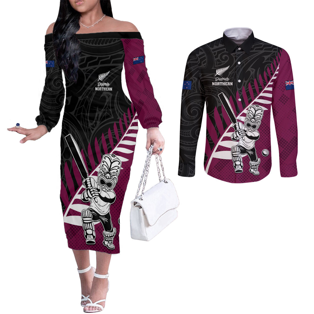 Custom New Zealand Northern Districts Cricket Couples Matching Off The Shoulder Long Sleeve Dress and Long Sleeve Button Shirt With Maori Pattern