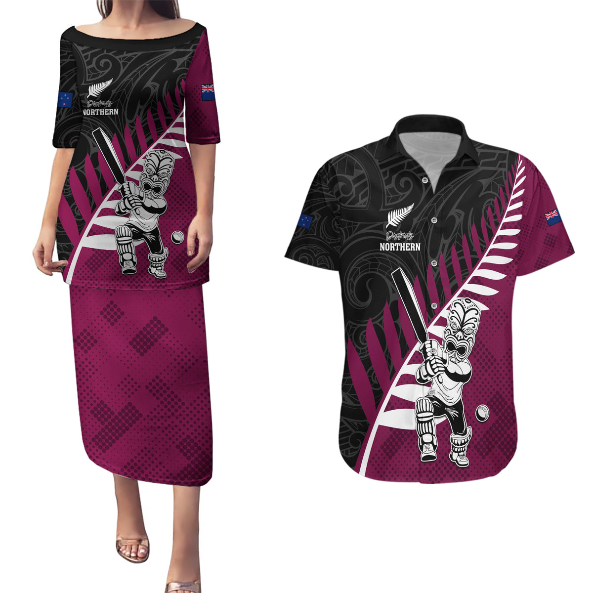 Custom New Zealand Northern Districts Cricket Couples Matching Puletasi and Hawaiian Shirt With Maori Pattern LT05 Maroon - Polynesian Pride
