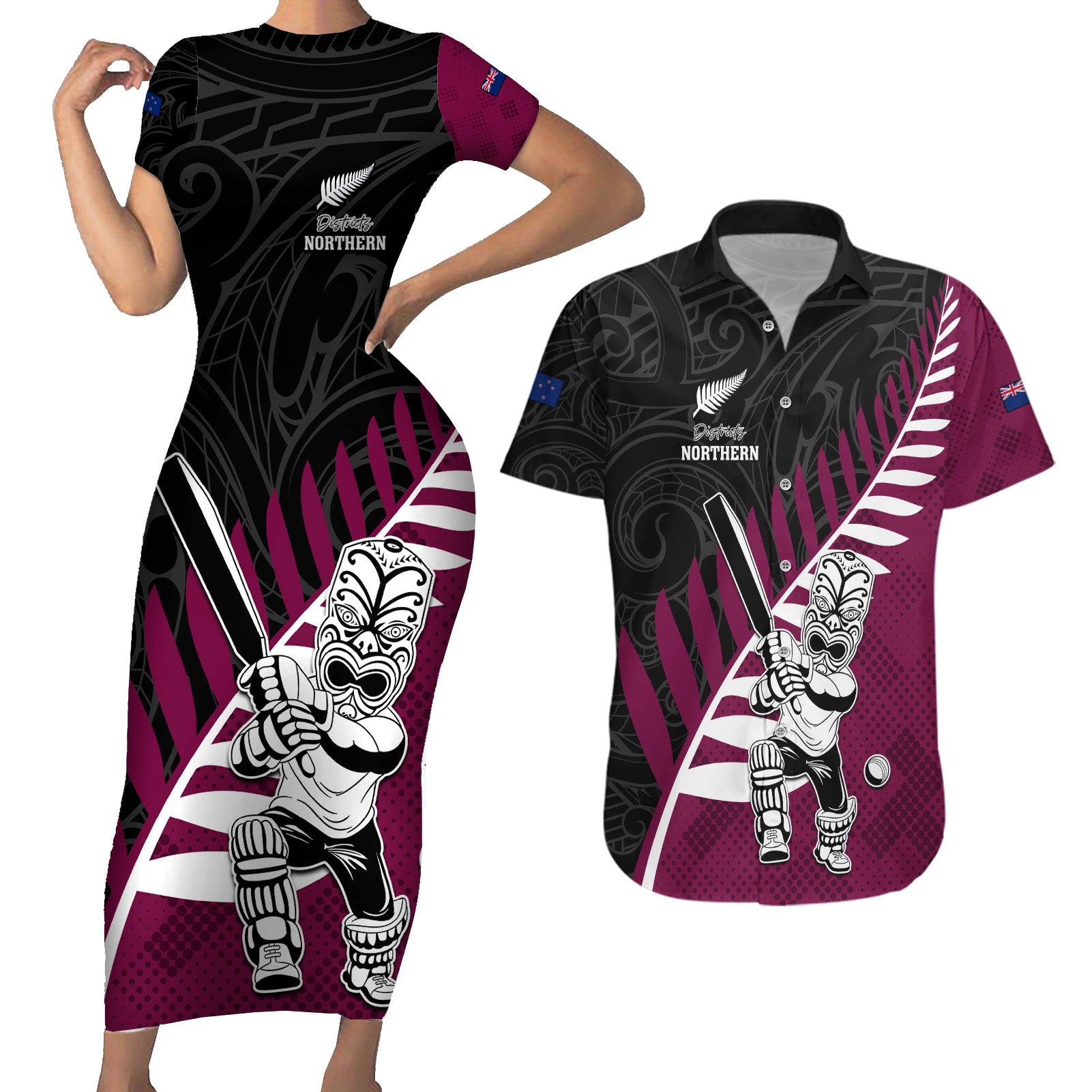 Custom New Zealand Northern Districts Cricket Couples Matching Short Sleeve Bodycon Dress and Hawaiian Shirt With Maori Pattern