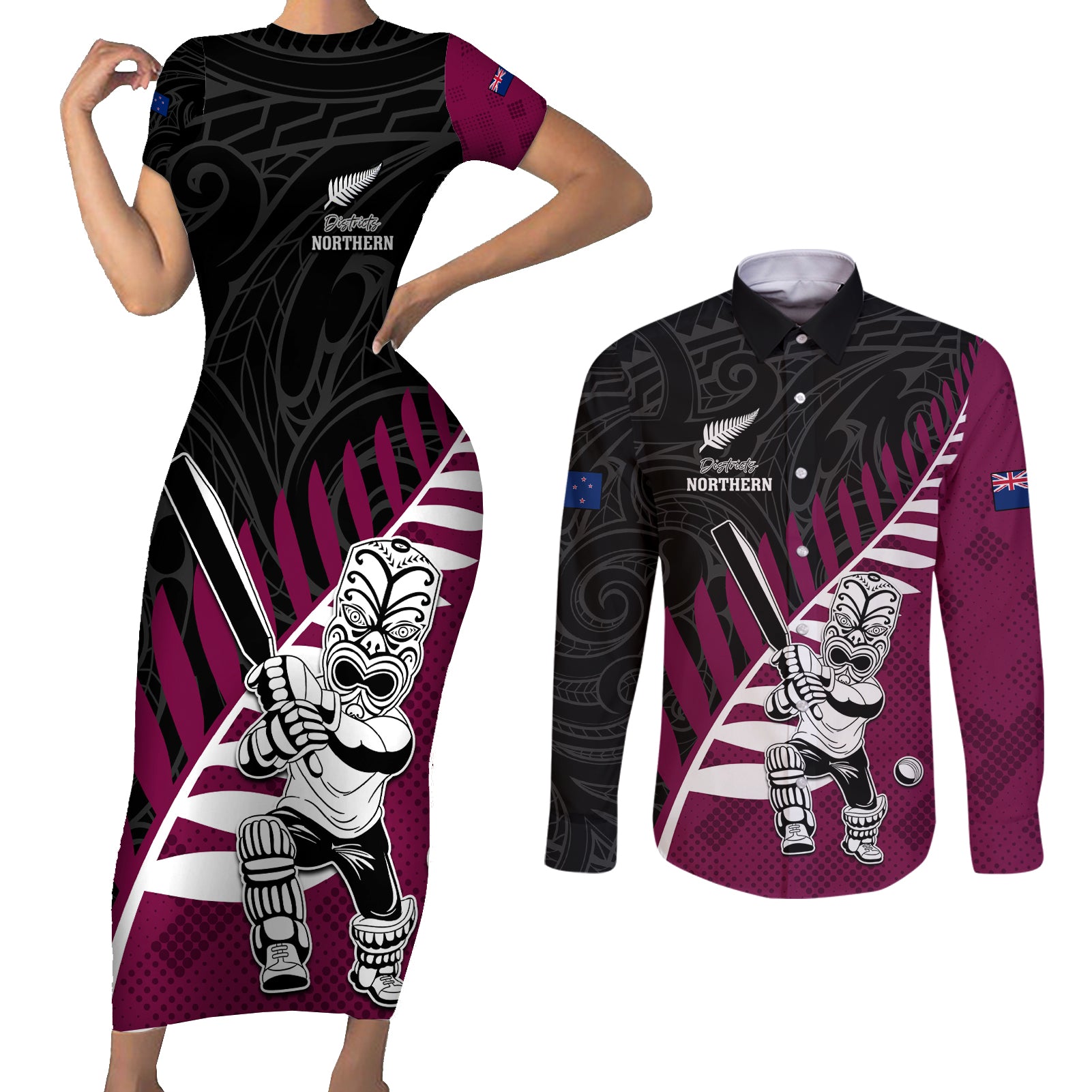 Custom New Zealand Northern Districts Cricket Couples Matching Short Sleeve Bodycon Dress and Long Sleeve Button Shirt With Maori Pattern