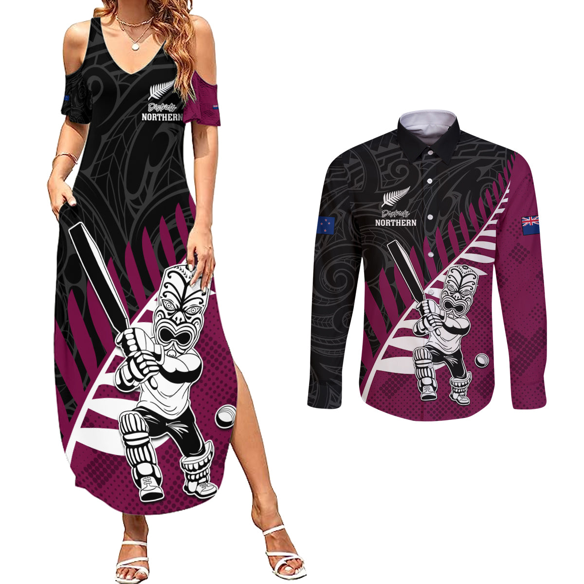 Custom New Zealand Northern Districts Cricket Couples Matching Summer Maxi Dress and Long Sleeve Button Shirt With Maori Pattern