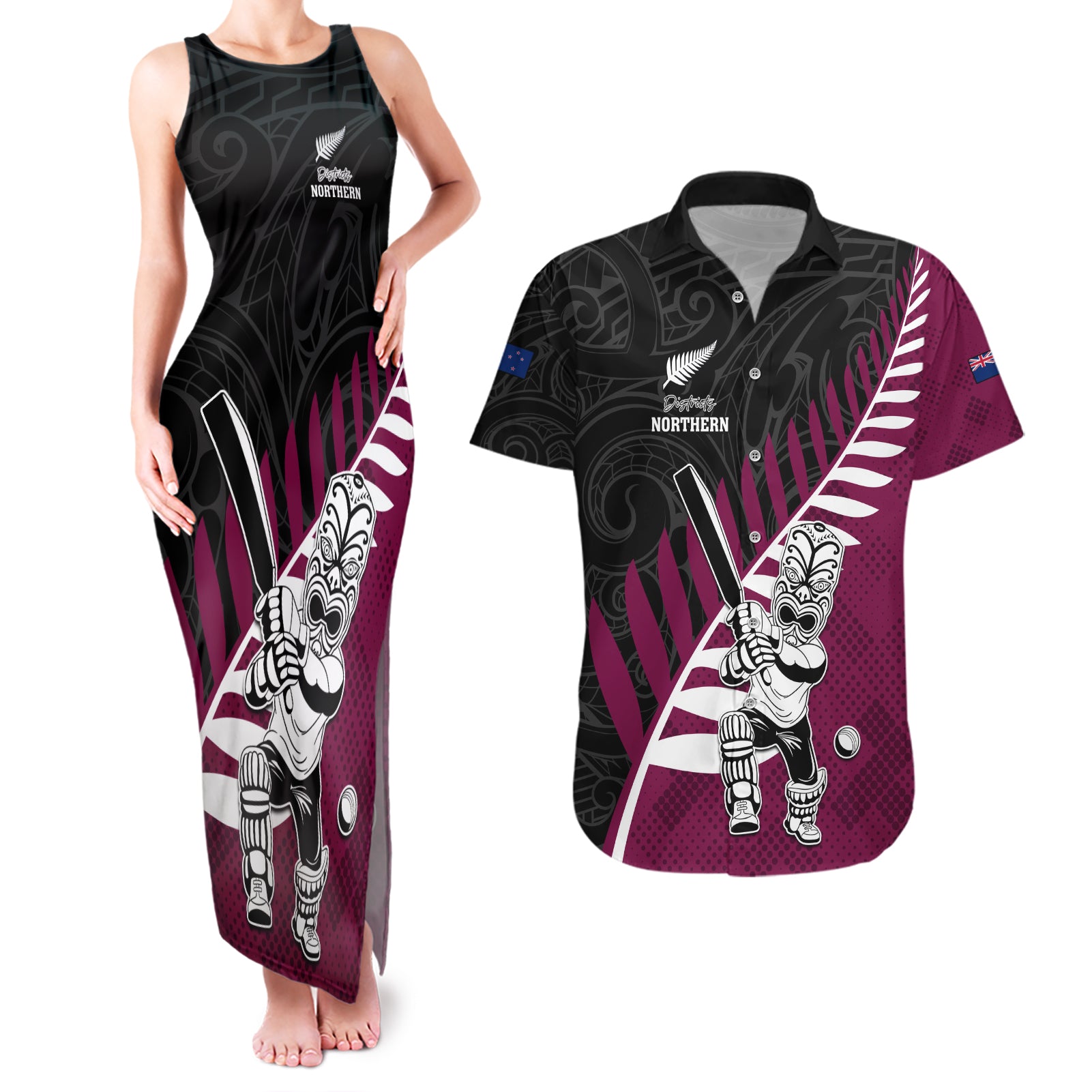 Custom New Zealand Northern Districts Cricket Couples Matching Tank Maxi Dress and Hawaiian Shirt With Maori Pattern