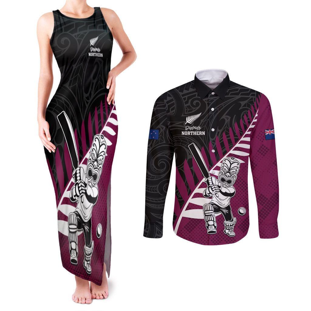 Custom New Zealand Northern Districts Cricket Couples Matching Tank Maxi Dress and Long Sleeve Button Shirt With Maori Pattern