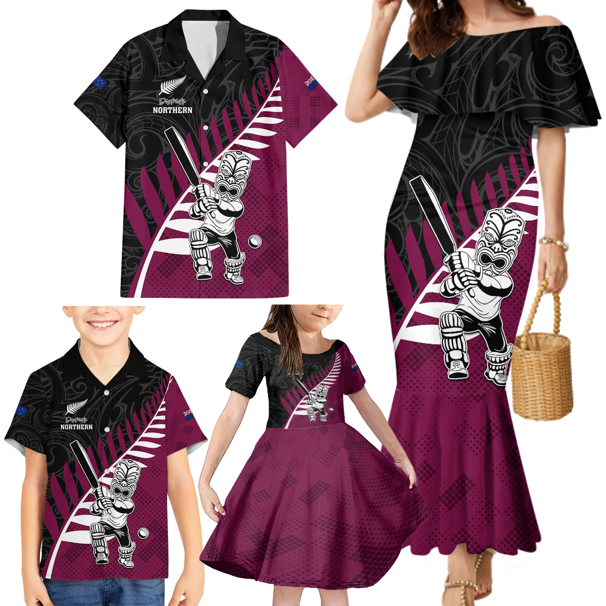 Custom New Zealand Northern Districts Cricket Family Matching Mermaid Dress and Hawaiian Shirt With Maori Pattern