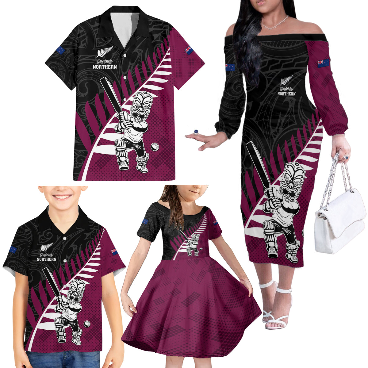 Custom New Zealand Northern Districts Cricket Family Matching Off The Shoulder Long Sleeve Dress and Hawaiian Shirt With Maori Pattern