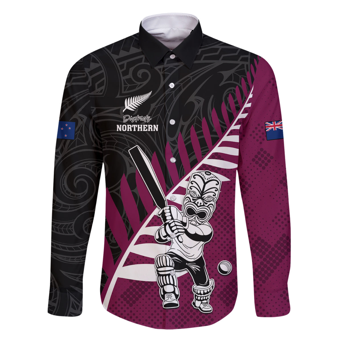 Custom New Zealand Northern Districts Cricket Family Matching Off The Shoulder Long Sleeve Dress and Hawaiian Shirt With Maori Pattern LT05 Dad's Shirt - Long Sleeve Maroon - Polynesian Pride