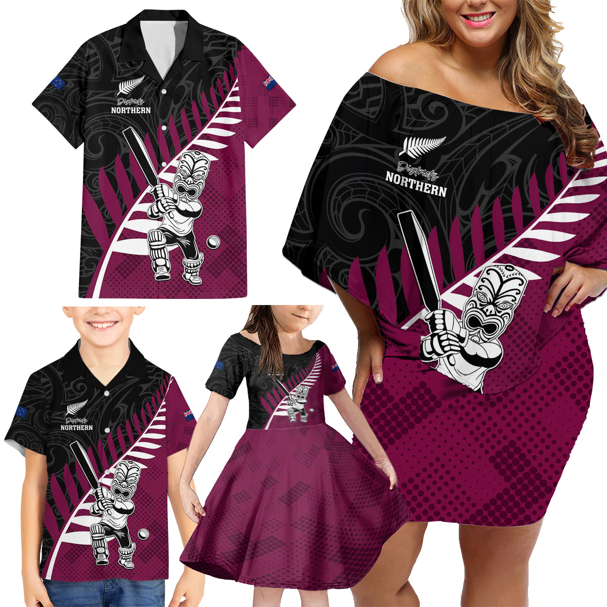 Custom New Zealand Northern Districts Cricket Family Matching Off Shoulder Short Dress and Hawaiian Shirt With Maori Pattern