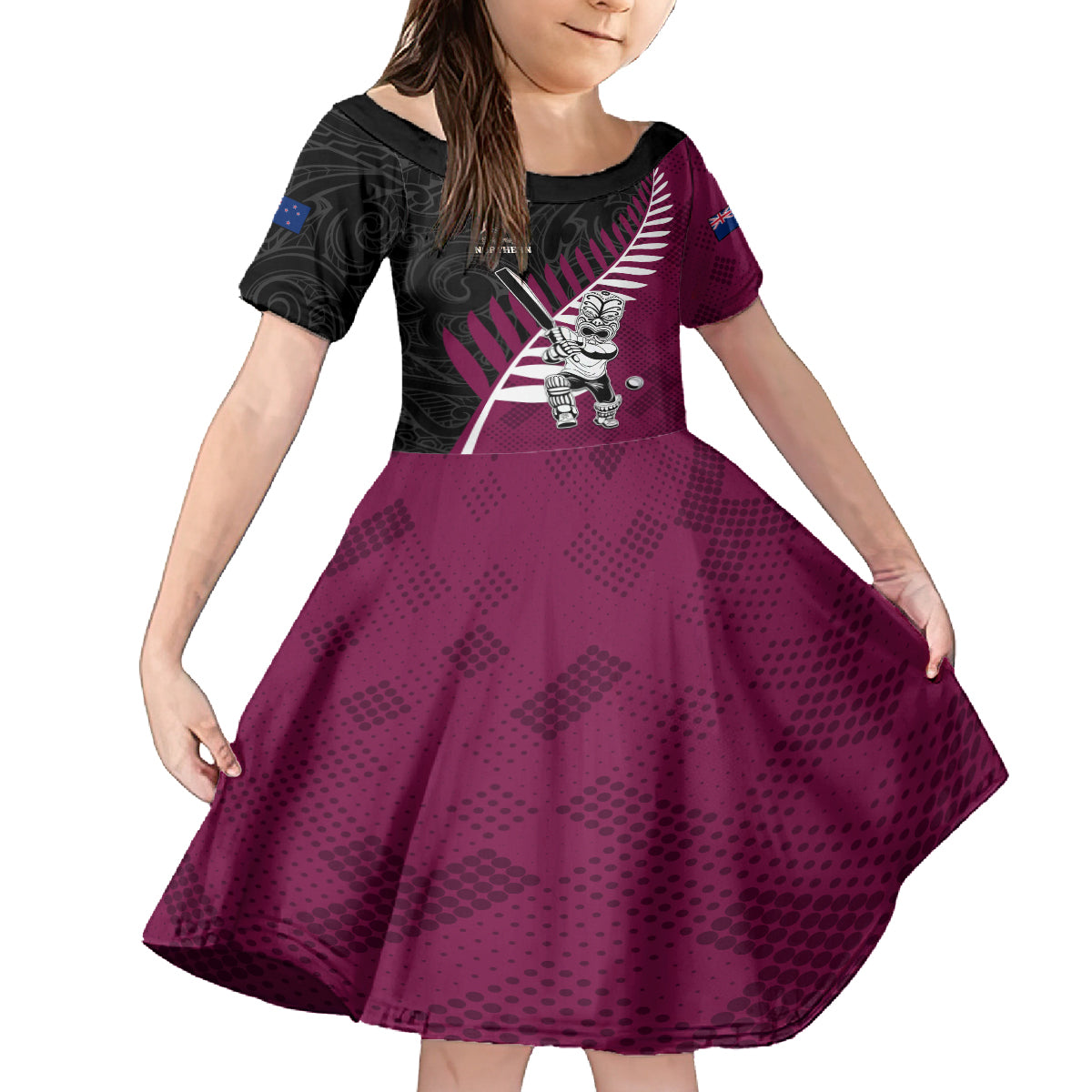 Custom New Zealand Northern Districts Cricket Family Matching Tank Maxi Dress and Hawaiian Shirt With Maori Pattern LT05 Daughter's Dress Maroon - Polynesian Pride