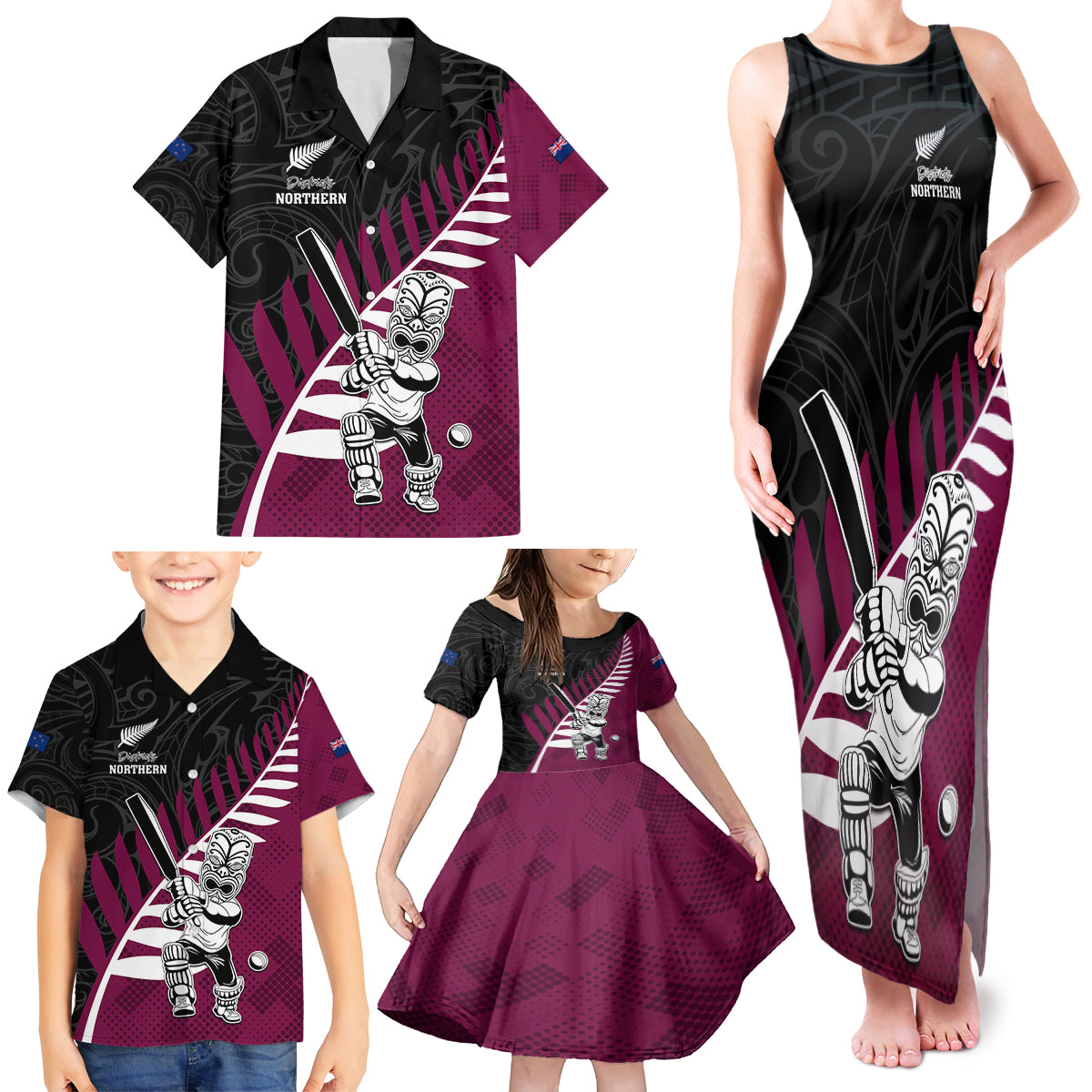 Custom New Zealand Northern Districts Cricket Family Matching Tank Maxi Dress and Hawaiian Shirt With Maori Pattern