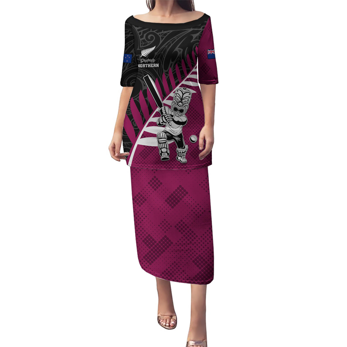 Custom New Zealand Northern Districts Cricket Puletasi With Maori Pattern LT05 Long Dress Maroon - Polynesian Pride