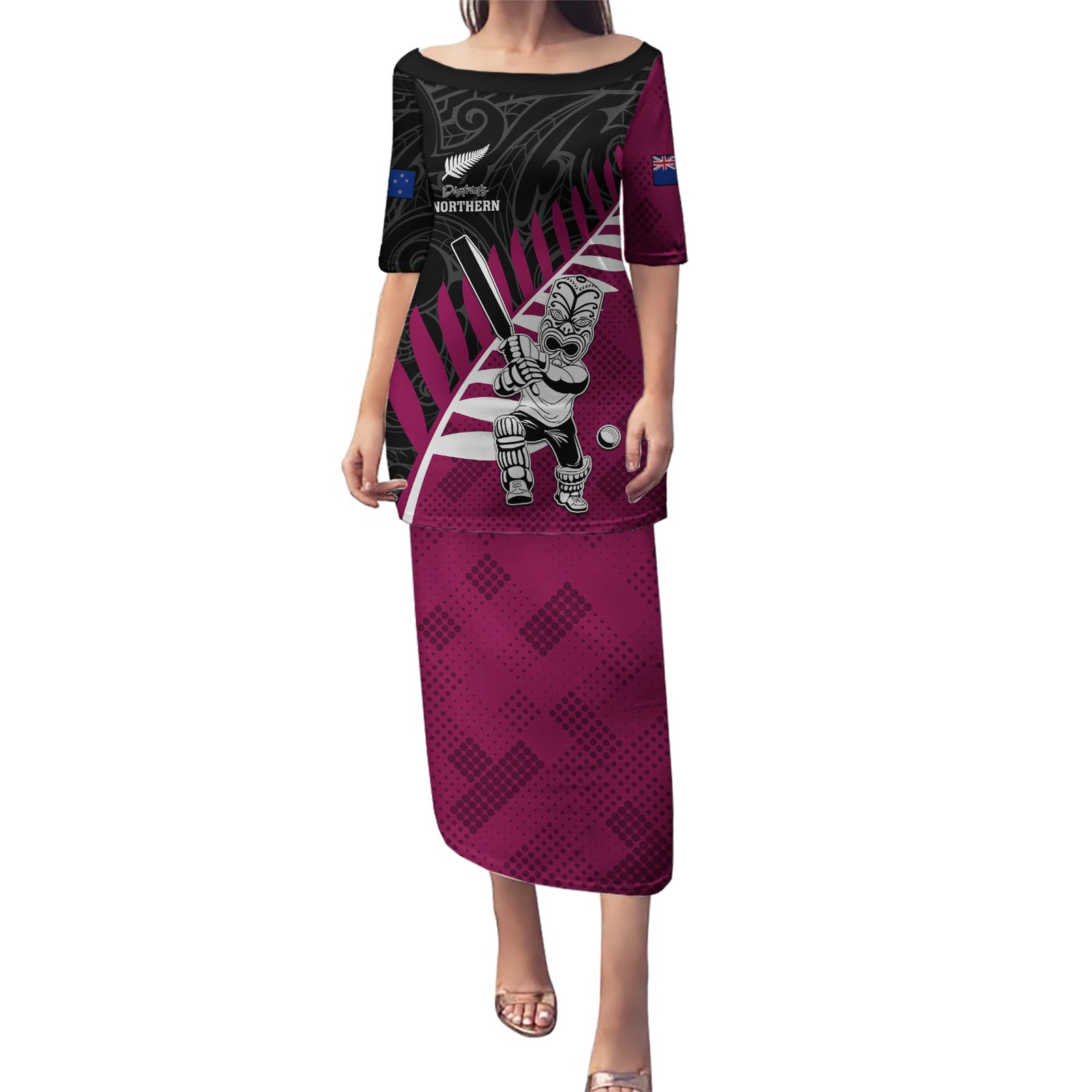 Custom New Zealand Northern Districts Cricket Puletasi With Maori Pattern LT05 Long Dress Maroon - Polynesian Pride