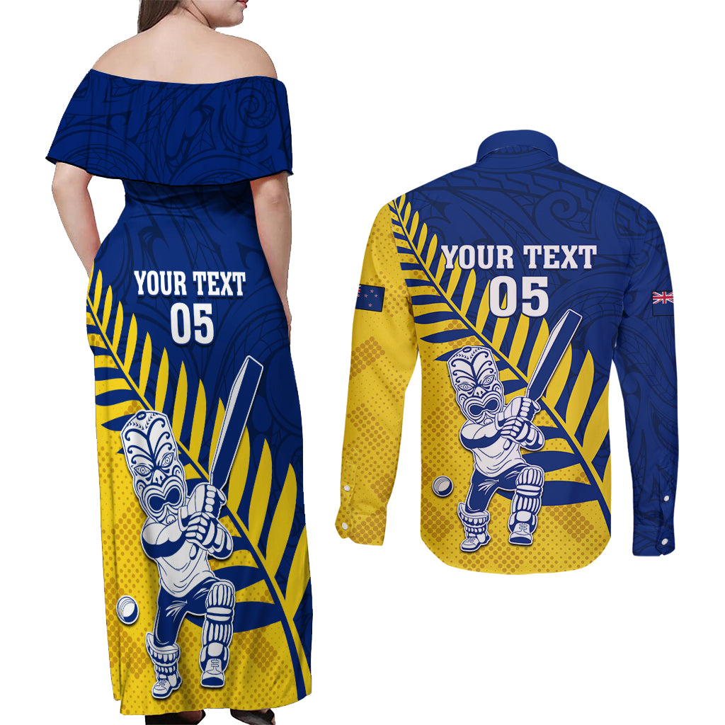 Custom New Zealand Otago Cricket Couples Matching Off Shoulder Maxi Dress and Long Sleeve Button Shirt With Maori Pattern LT05 - Polynesian Pride