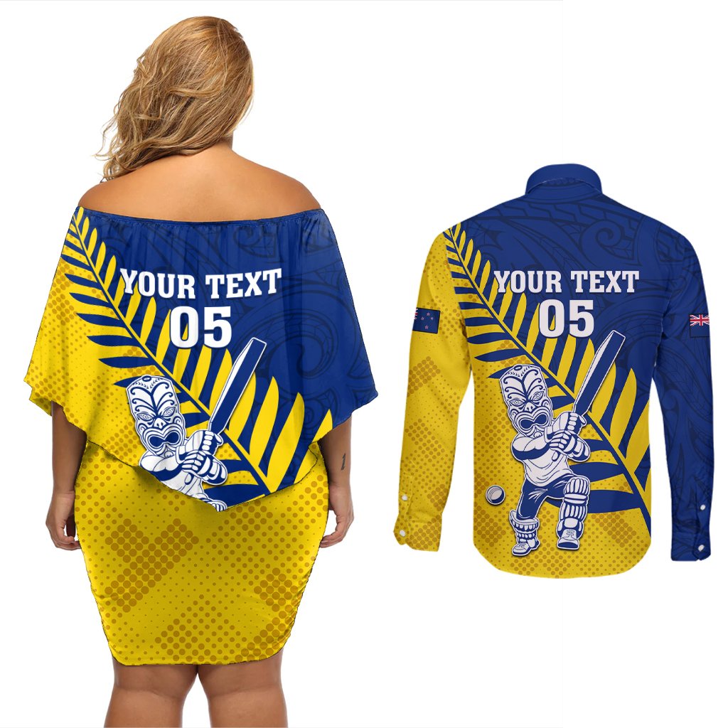 Custom New Zealand Otago Cricket Couples Matching Off Shoulder Short Dress and Long Sleeve Button Shirt With Maori Pattern LT05 - Polynesian Pride