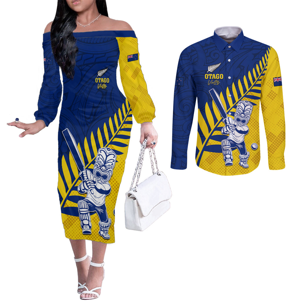 Custom New Zealand Otago Cricket Couples Matching Off The Shoulder Long Sleeve Dress and Long Sleeve Button Shirt With Maori Pattern