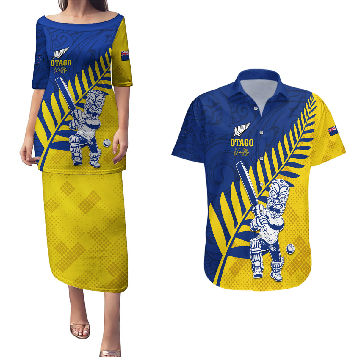 Custom New Zealand Otago Cricket Couples Matching Puletasi and Hawaiian Shirt With Maori Pattern LT05 Yellow - Polynesian Pride