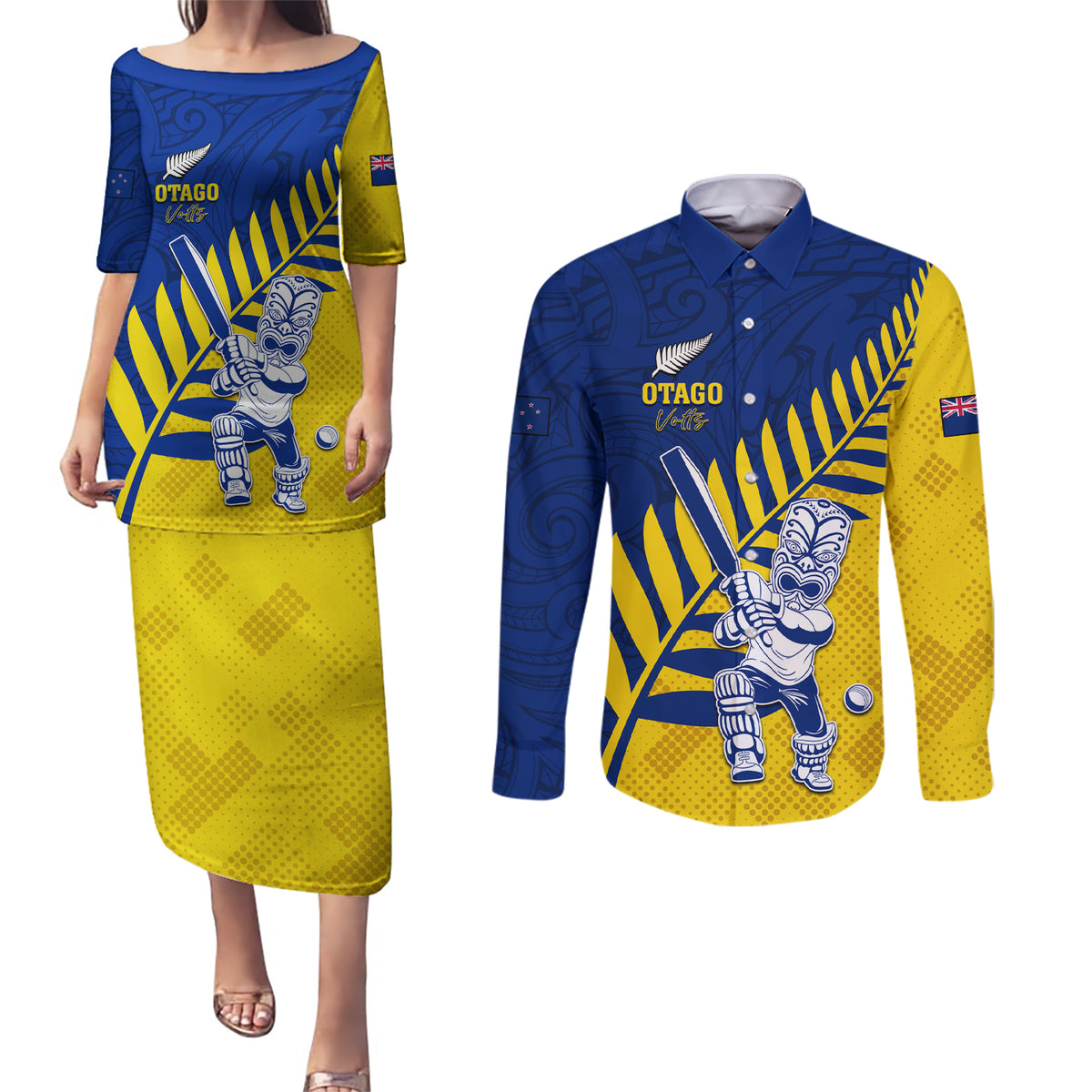 Custom New Zealand Otago Cricket Couples Matching Puletasi and Long Sleeve Button Shirt With Maori Pattern LT05 Yellow - Polynesian Pride