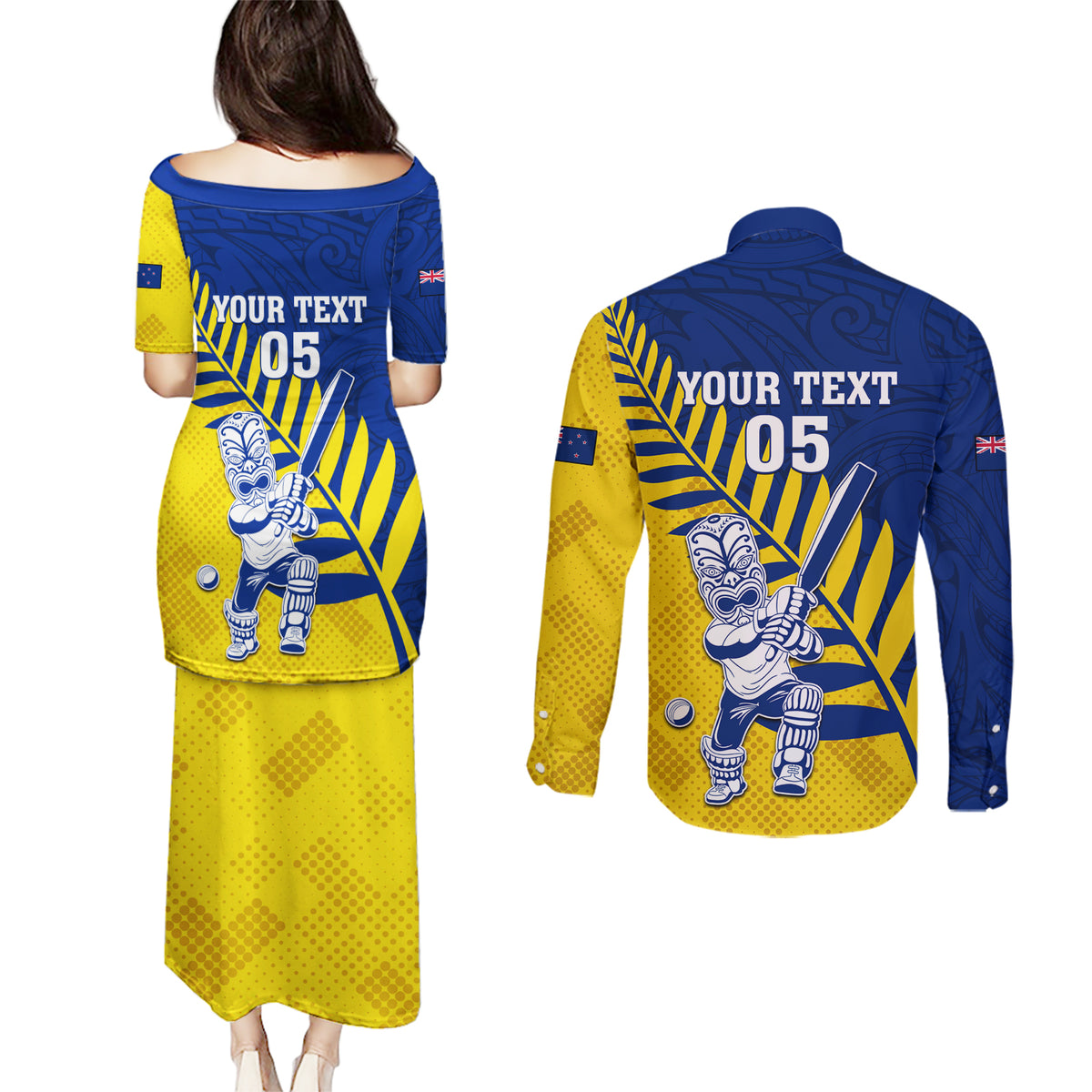 Custom New Zealand Otago Cricket Couples Matching Puletasi and Long Sleeve Button Shirt With Maori Pattern LT05 - Polynesian Pride