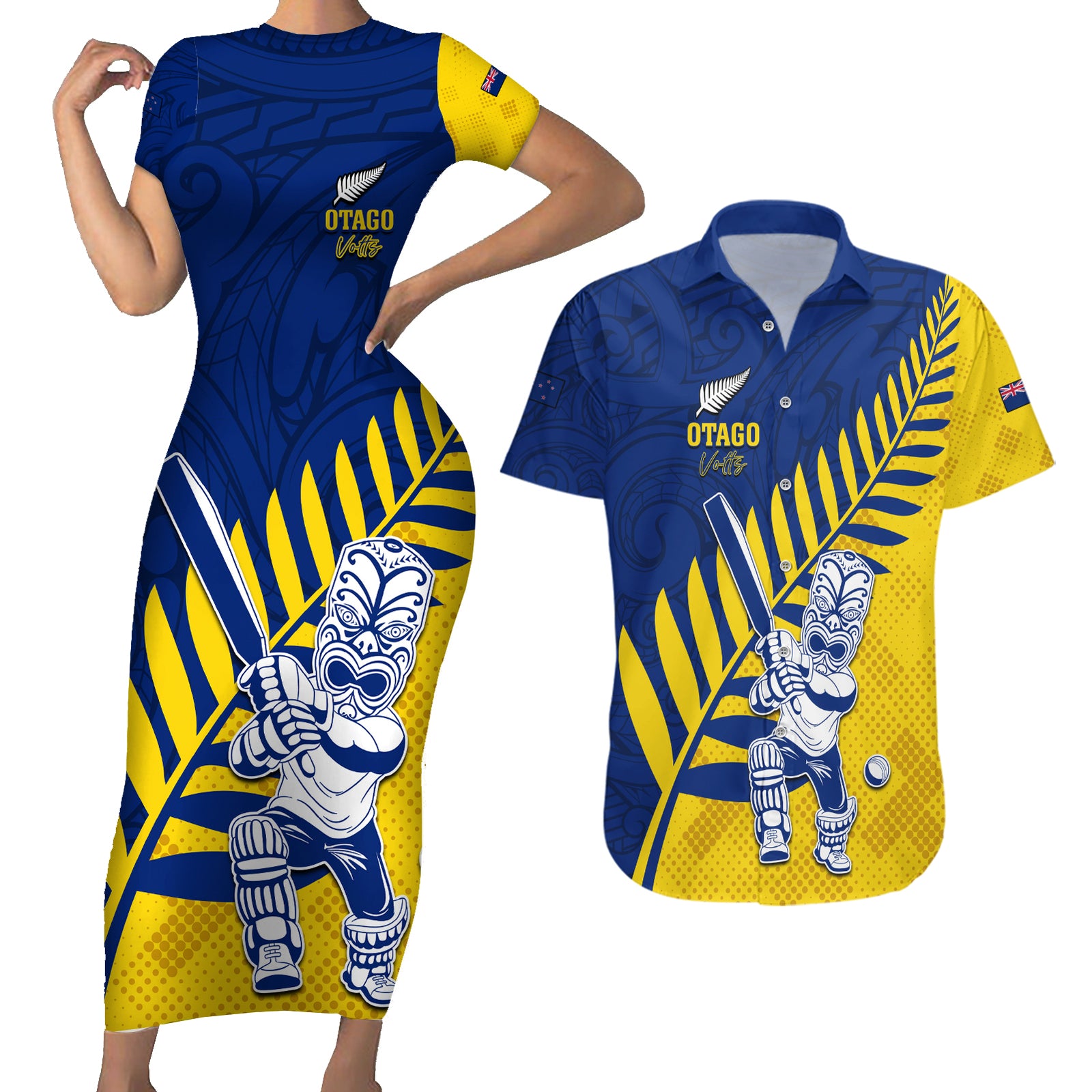 Custom New Zealand Otago Cricket Couples Matching Short Sleeve Bodycon Dress and Hawaiian Shirt With Maori Pattern LT05 Yellow - Polynesian Pride