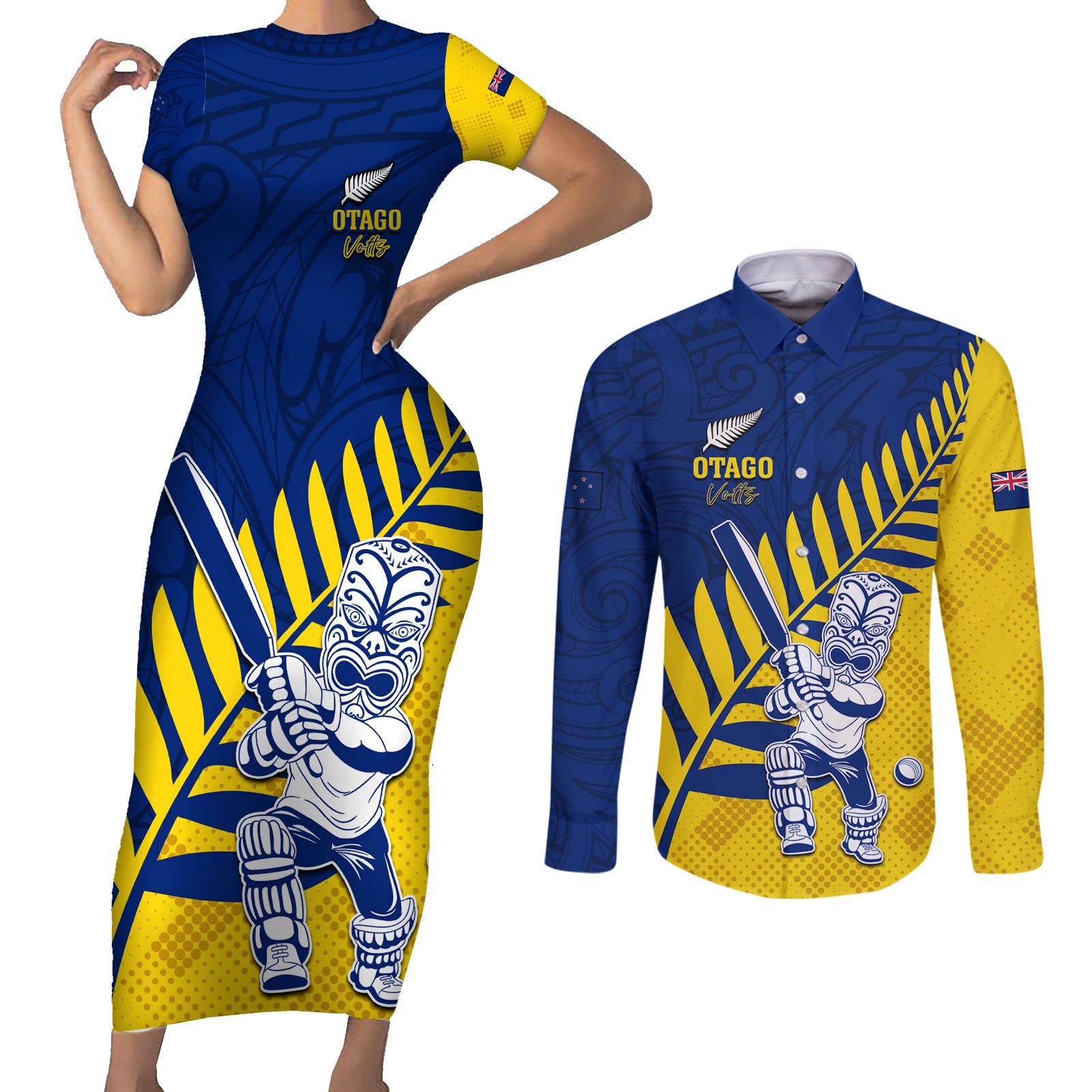 Custom New Zealand Otago Cricket Couples Matching Short Sleeve Bodycon Dress and Long Sleeve Button Shirt With Maori Pattern