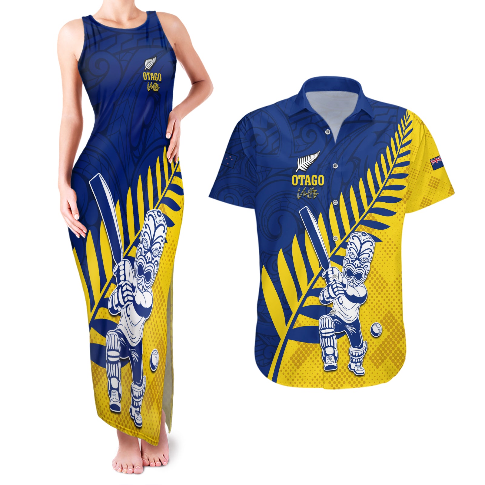 Custom New Zealand Otago Cricket Couples Matching Tank Maxi Dress and Hawaiian Shirt With Maori Pattern