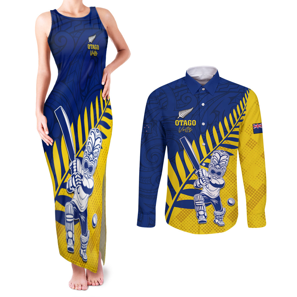 Custom New Zealand Otago Cricket Couples Matching Tank Maxi Dress and Long Sleeve Button Shirt With Maori Pattern