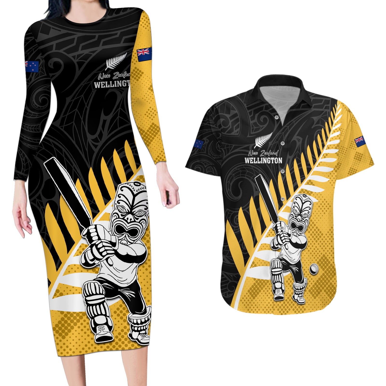 Custom New Zealand Wellington Cricket Couples Matching Long Sleeve Bodycon Dress and Hawaiian Shirt With Maori Pattern LT05 Yellow - Polynesian Pride