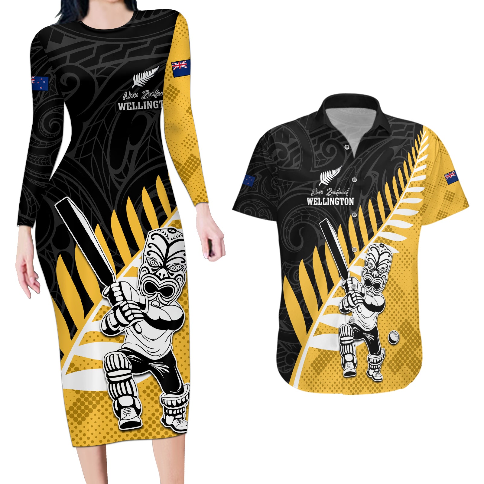 Custom New Zealand Wellington Cricket Couples Matching Long Sleeve Bodycon Dress and Hawaiian Shirt With Maori Pattern