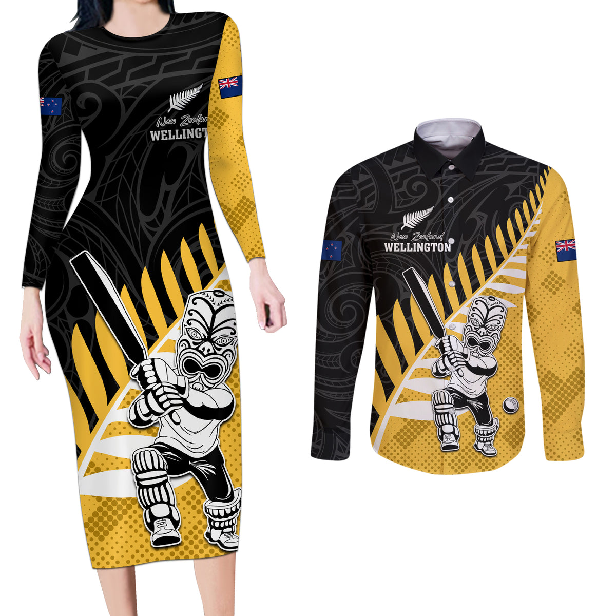 Custom New Zealand Wellington Cricket Couples Matching Long Sleeve Bodycon Dress and Long Sleeve Button Shirt With Maori Pattern