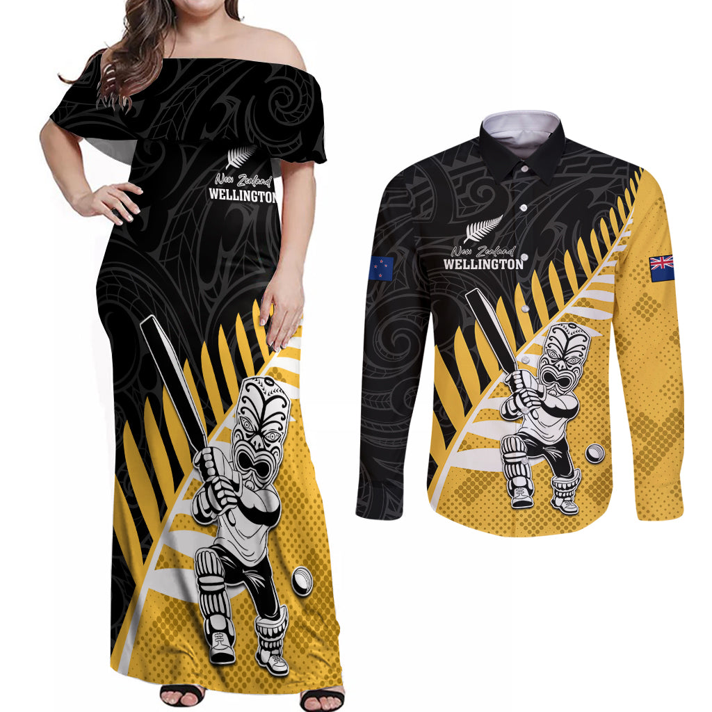 Custom New Zealand Wellington Cricket Couples Matching Off Shoulder Maxi Dress and Long Sleeve Button Shirt With Maori Pattern