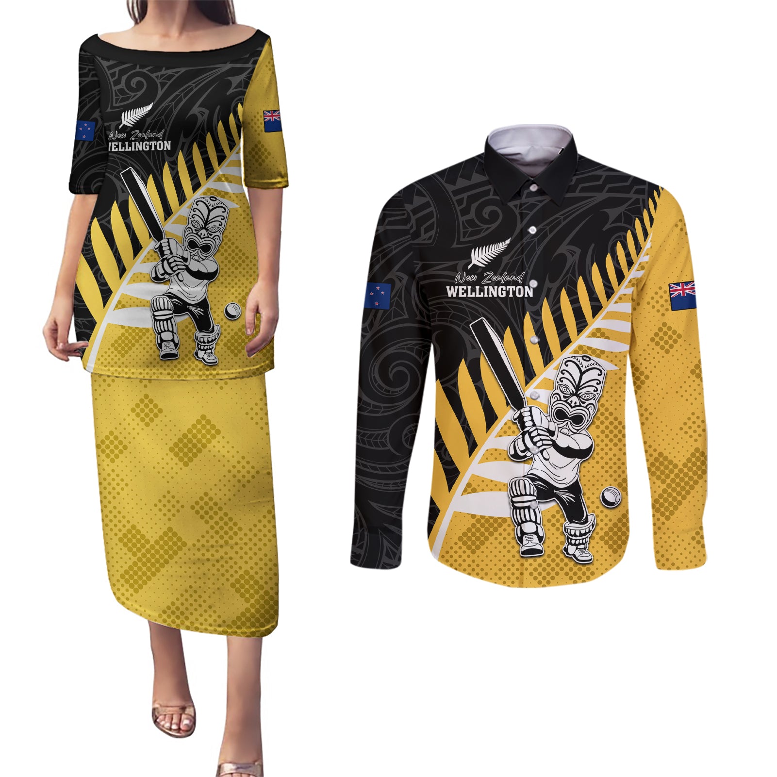 Custom New Zealand Wellington Cricket Couples Matching Puletasi and Long Sleeve Button Shirt With Maori Pattern