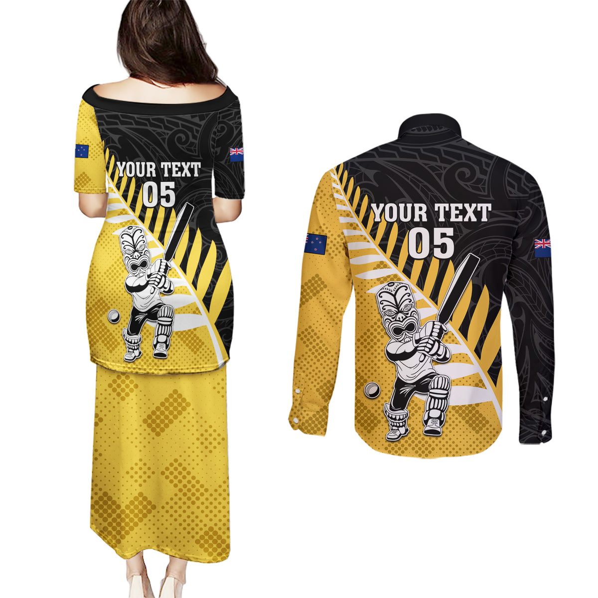 Custom New Zealand Wellington Cricket Couples Matching Puletasi and Long Sleeve Button Shirt With Maori Pattern LT05 - Polynesian Pride