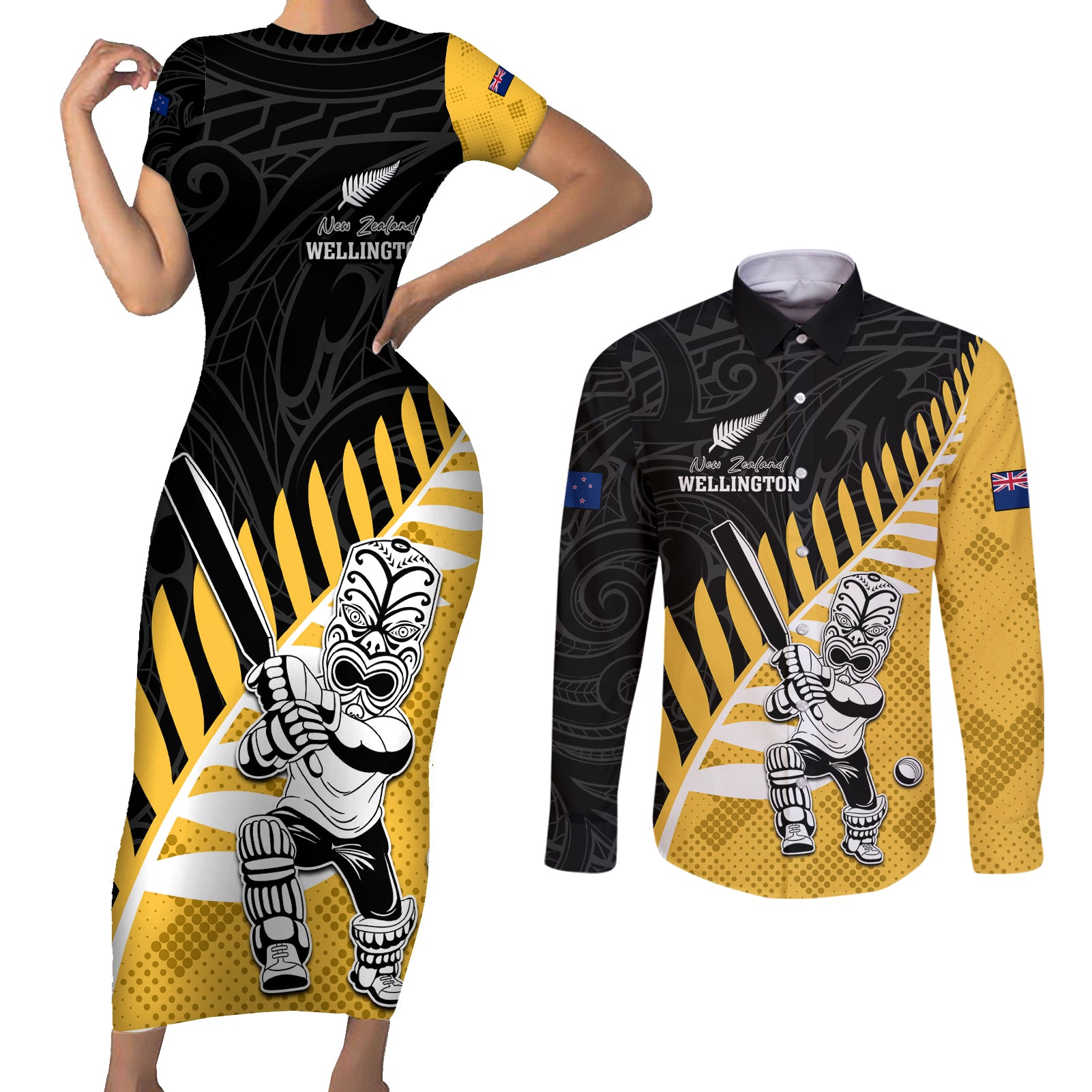 Custom New Zealand Wellington Cricket Couples Matching Short Sleeve Bodycon Dress and Long Sleeve Button Shirt With Maori Pattern