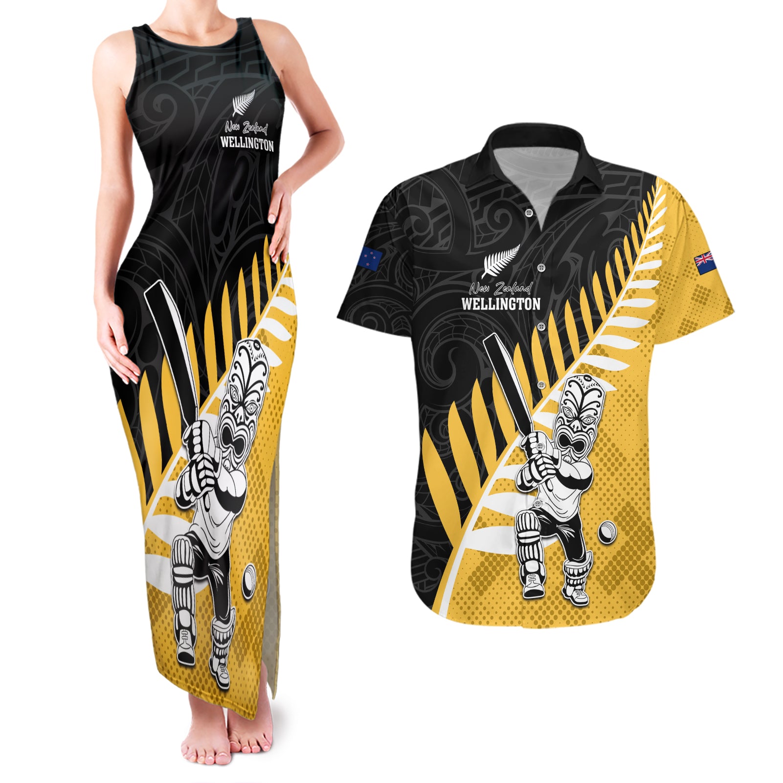 Custom New Zealand Wellington Cricket Couples Matching Tank Maxi Dress and Hawaiian Shirt With Maori Pattern