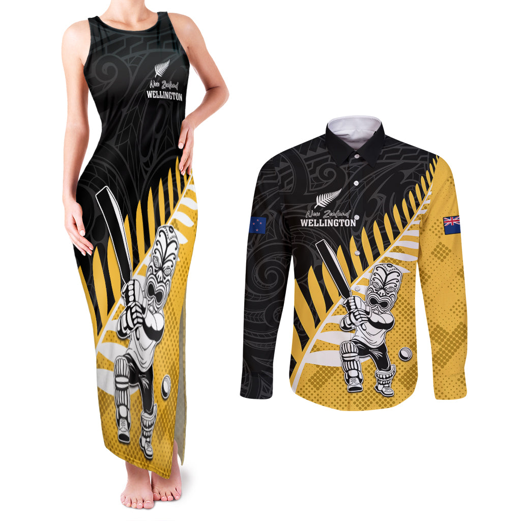 Custom New Zealand Wellington Cricket Couples Matching Tank Maxi Dress and Long Sleeve Button Shirt With Maori Pattern