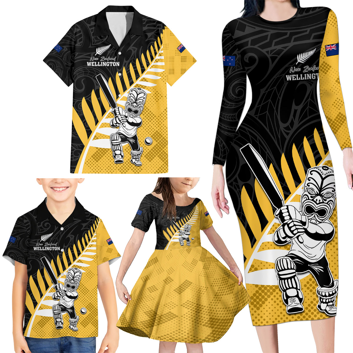 Custom New Zealand Wellington Cricket Family Matching Long Sleeve Bodycon Dress and Hawaiian Shirt With Maori Pattern