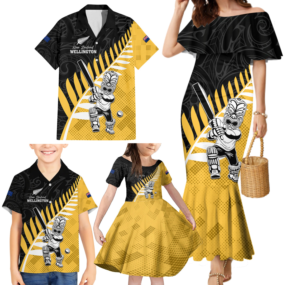 Custom New Zealand Wellington Cricket Family Matching Mermaid Dress and Hawaiian Shirt With Maori Pattern