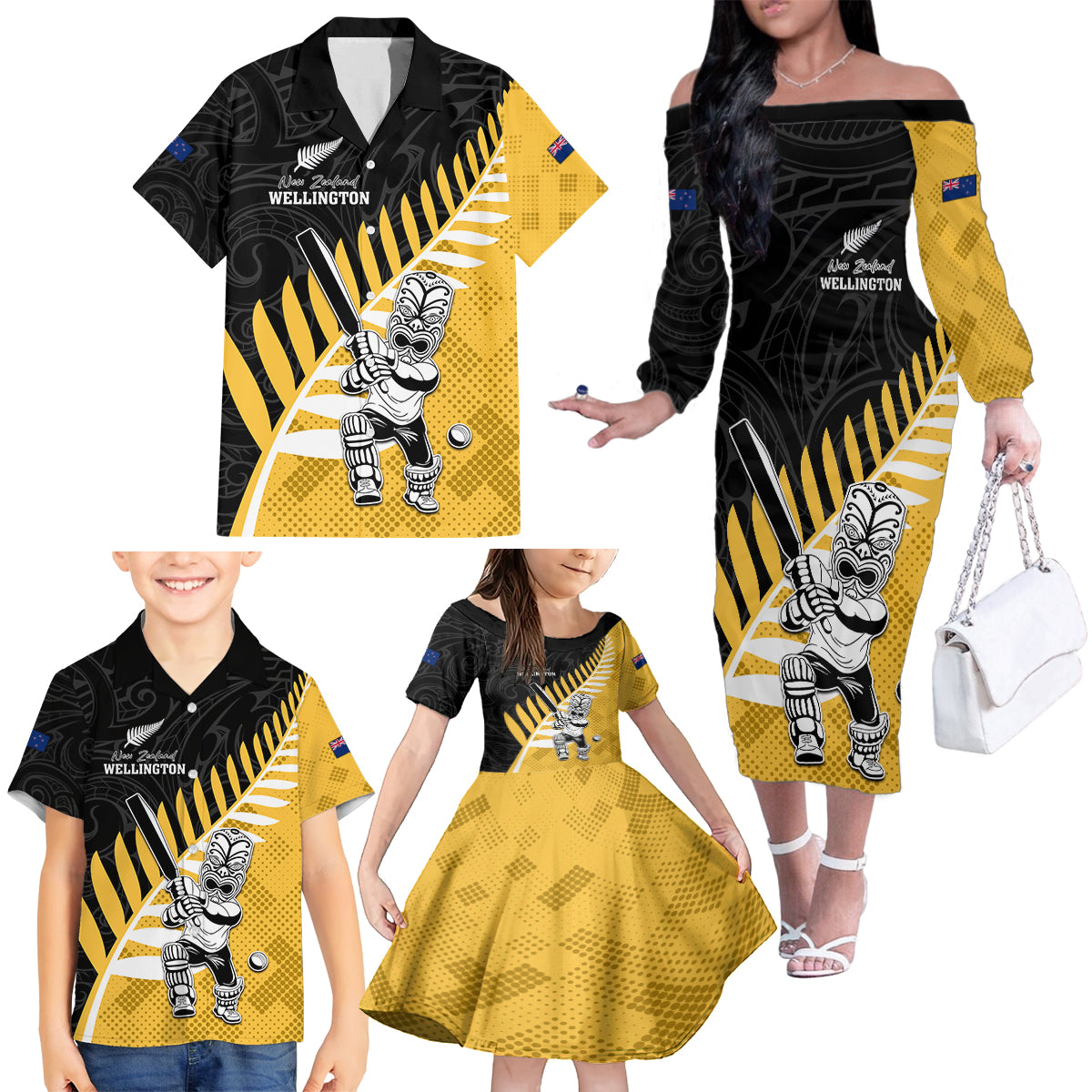 Custom New Zealand Wellington Cricket Family Matching Off The Shoulder Long Sleeve Dress and Hawaiian Shirt With Maori Pattern